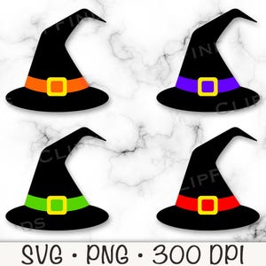 Puede incluir: Cuatro sombreros de bruja negros con bandas de diferentes colores. Los sombreros tienen una parte superior puntiaguda y un ala ancha. Las bandas son naranja, morado, verde y rojo.
