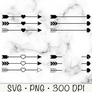 Op de afbeelding: Een set zwarte en witte SVG-snijbestanden met pijlen en harten. De pijlen wijzen naar rechts en links. De harten zijn zwart gevuld.