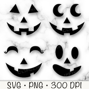 May include: Four black Halloween pumpkin face designs on a white marble background. Each face has a different expression, including triangular eyes, crescent moon eyes, and oval eyes. The bottom of the image includes the text "SVG • PNG • 300 DPI".