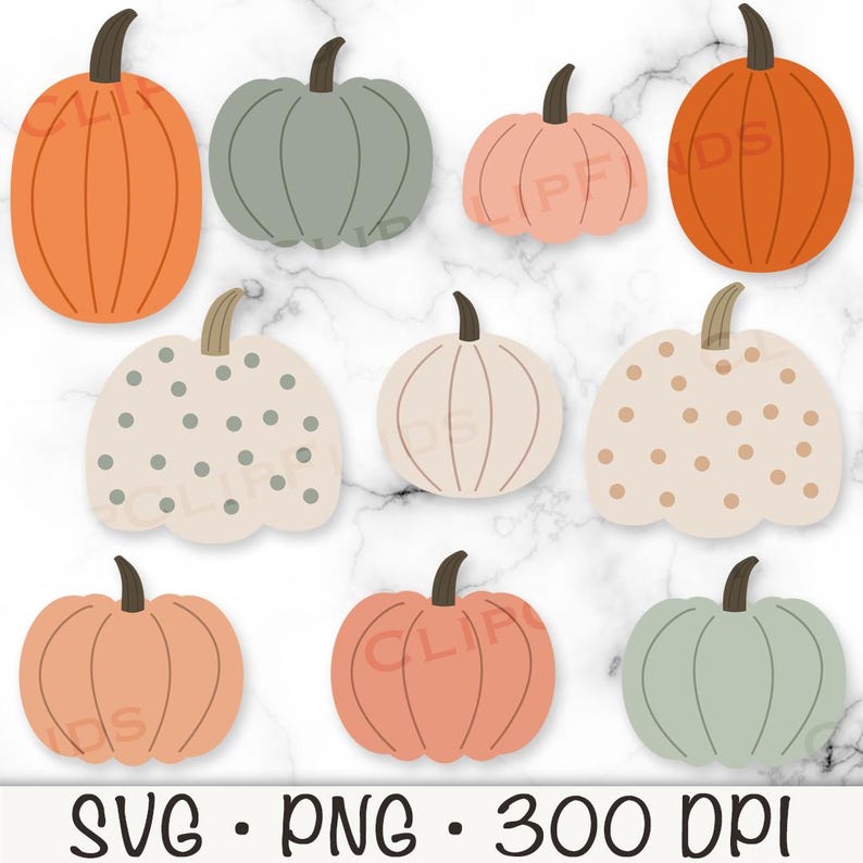 Puede incluir: Conjunto de diez ilustraciones digitales de calabazas en varios colores y patrones, incluyendo naranja, melocot&oacute;n, verde y blanco con lunares. Las calabazas est&aacute;n en un estilo simple y de dibujos animados.