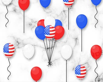 4 juillet ballons PNG, Clipart ballons patriotiques, ballons drapeau américain, ballons patriotiques SVG, rouge, blanc et bleu, Etats-Unis, téléchargement numérique