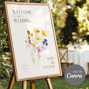 Pressed Flower Wedding Sign Template | Hand-Drawn Printable Canva Template | Blue Tones Wedding Sign | Instant Download 3 sizes | DIY