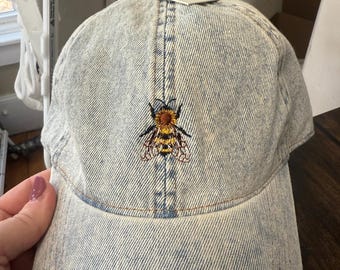 Vintage Acid Wash Embroidered Bumble Bee Hat - Unique Retro Style Cap - Adjustable Baseball Hat