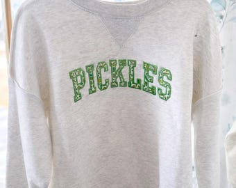 Embroidered Pickle Sweatshirt | Green Varsity Appliqué Pullover | Foodie Crewneck