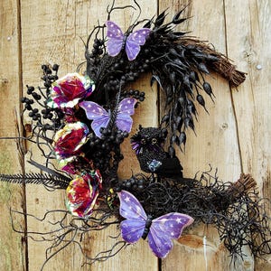 Halloween Fall Owl Moon Wreath: Iridescent Roses, purple butterflies and a beaded black owl.