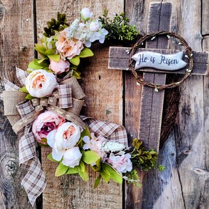 He is Risen Easter Wreath: Pink Roses, Rustic Cross Decor