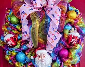 Whimsical, Colorful Santa Christmas wreath