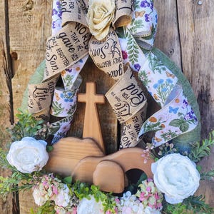He is Risen Easter Tomb Wreath: Wooden Cross, Floral Burlap