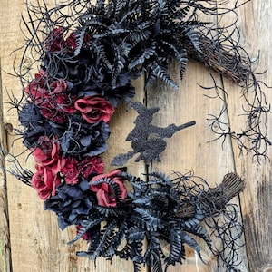 Halloween Witch Moon Wreath: Purple Roses & Glitter Silhouette