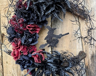 Halloween Witch Moon Wreath: Purple Roses & Glitter Silhouette