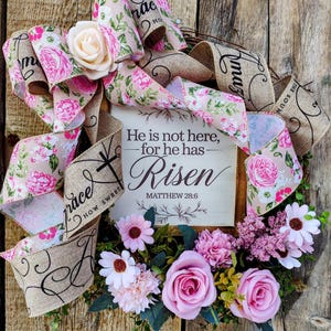Pink Floral Easter Wreath: &quot;He is Risen&quot; Wooden Plaque