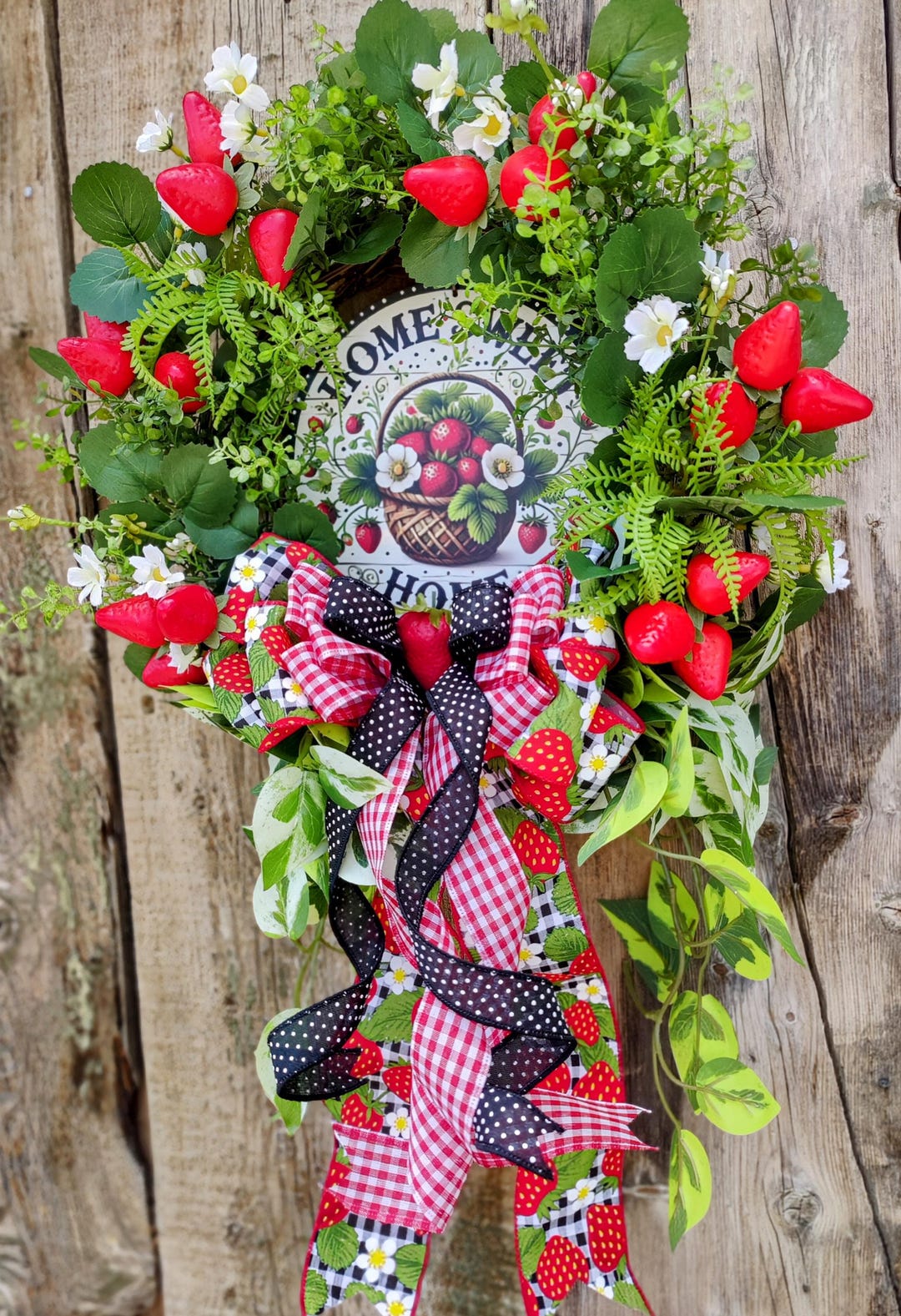 Strawberry Summer Wreath: Red Florals, Burlap Ribbon, "home Sweet Home ...