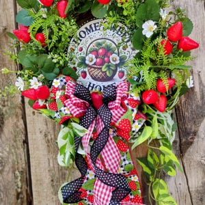 Strawberry Summer Wreath: Red Florals, Burlap Ribbon, &quot;Home Sweet Home&quot; Sign