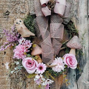 Spring or Summer cottage core wreath in rose gold and pinks, mushrooms and wooden owl. Owl Wreath. Mushroom wreath. Door hanger. Boho.