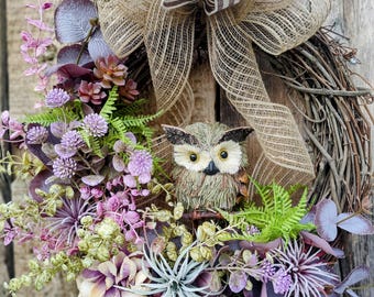 All season owl front door wreath. Boho wreath. Owl Wreath. Cottage core wreath. All season wreath. Woodland wreath. Spring/summer wreath.