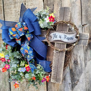 He is Risen Easter Cross Wreath: Wildflower Eucalyptus, Navy Ribbon