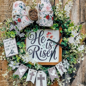 He is Risen Easter Wreath: Rustic Cross, Eucalyptus & Wildflower Ribbon
