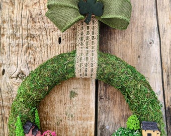 Beautiful Irish village wreath on a hand wrapped moss base for Saint Patrick&#39;s Day or year round. Front door or inside.