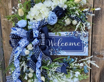Blue Floral Welcome Wreath: Spring Summer Door Decor