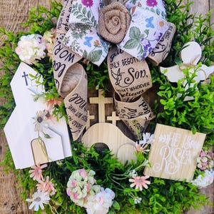 Easter Tomb Wreath: Rustic Church, Angel, &quot;He is Risen&quot; Sign