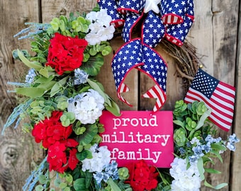 Patriotic Military Family Wreath: American Flag, Red White Blue