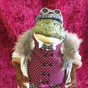 Op de afbeelding: Een groene kikker die een bruine bontjas, een bordeauxrode vest met witte stippen, een bruine strik en bruine schoenen draagt. De kikker draagt een bril op zijn hoofd.