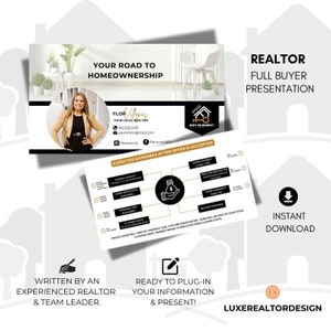 Puede incluir: Un folleto de marketing de un agente inmobiliario con una foto de una mujer y una ilustración de una casa. El folleto incluye el texto "Tu camino hacia la propiedad" y "Gastos esperados después de que se acepte la oferta".