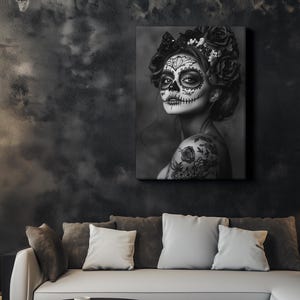 Day of the Dead Canvas - Sugar Skull Wall Art - Catrina Portrait Print - Dia de los Muertos Decor - Gothic Skull Artwork