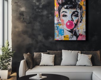 Audrey Hepburn Graffiti Wall Art – Colorful Street Style Pop Art, Modern Fashion Icon Poster, Urban Contemporary Canvas