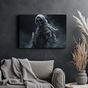 May include: A digital art print depicting a hooded figure wearing a skull mask and tactical gear. The figure is standing in a dark, smoky environment. The print is in shades of grey and black.