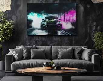 May include: A black sports car with a green and pink smoke trail behind it. The car is driving on a dark road with a blurry background.