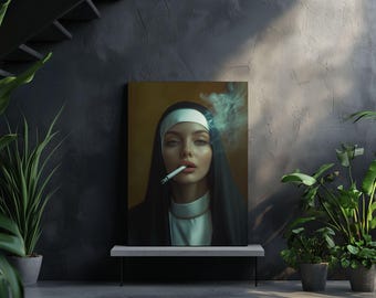 May include: A woman dressed as a nun with a white habit and black veil is smoking a cigarette. The background is a dark brown wall with a light brown wooden shelf.