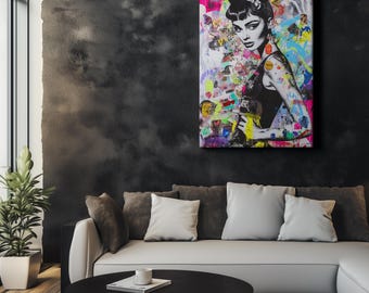 Audrey Hepburn Graffiti Wall Art – Colorful Street Style Pop Art, Modern Fashion Icon Poster, Urban Contemporary Canvas