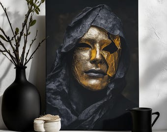 Black and Gold Mask Wall Art – Mysterious Luxury Decor, Dark Abstract Poster, Modern Power Canvas