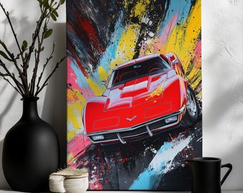 Canvas Art Corvette Wall Art – Retro Muscle Car Print, Pop Art Car Poster, Colorful Street Style Wall Decor, Gift for Car Lovers & Men