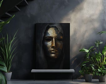 Black and Gold Mask Wall Art – Mysterious Luxury Decor, Dark Abstract Poster, Modern Power Canvas