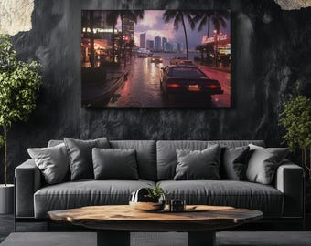 Miami Vice Canvas - Retro Miami Skyline Art - 80s Aesthetic Wall Print - Neon Cityscape Decor - Vaporwave Sunset Poster