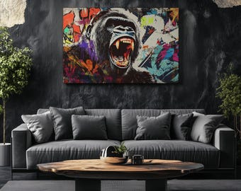 Könnte beinhalten: Ein farbenfrohes abstraktes Gemälde eines Gorillas mit offenem Maul vor einem Hintergrund aus Graffiti.