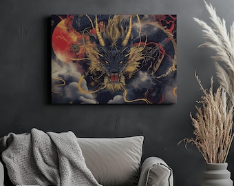 Golden Dragon Canvas – Japanese Mythical Beast Wall Art, Powerful Fantasy Poster, Asian Style Artwork Print, Gift for Dragon Lover