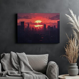 Könnte beinhalten: Ein digitales Gemälde einer Skyline bei Sonnenuntergang. Die Sonne geht hinter den Gebäuden unter und wirft einen warmen orangenen Schein auf die Szene. Die Gebäude sind vor dem Himmel silhouettiert, und ein paar Vögel fliegen über ihnen.