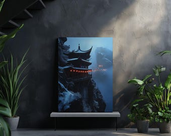 Mystic Temple Canvas – Asian Mountain Shrine Wall Art, Zen Landscape Poster, Red Lanterns in Snow