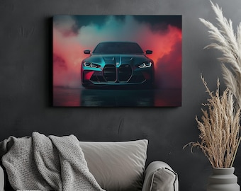 May include: A canvas print featuring a teal sports car emerging from a cloud of red and teal smoke. The car's headlights are illuminated, and the image has a dramatic, artistic feel. The artwork is displayed on a dark gray wall.