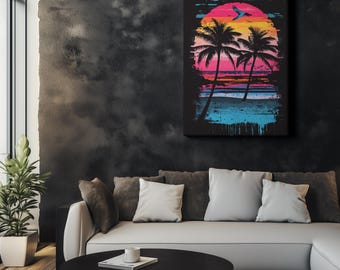 Tropical Sunset Canvas – Retro Beach Wall Art with Palm Trees, Vibrant Ocean Poster, Colorful Summer Print, Gift for Beach Lover