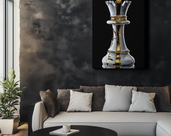 Golden Queen Chess Wall Art – Luxury Marble Decor, Elegant Feminine Power Canvas, Modern Abstract Poster