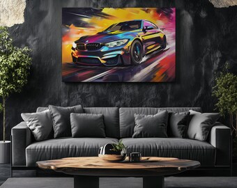 May include: A colorful abstract painting of a black BMW M4 driving on a road with a blurred background.