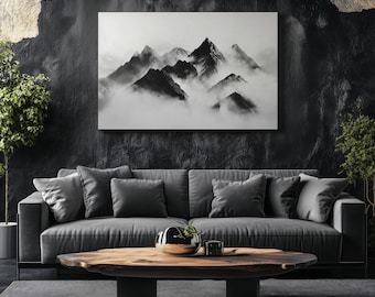 Zwart-wit berglandschap op canvas – Muurdecoratie met mistig landschap – Minimalistische natuurprint – Monochroom bergfotografie – Rustgevende landschapsdecoratie