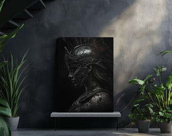 Female Warrior Wall Art – Black and White Spartan Poster, Dark Heroine Canvas, Strength and Power Decor