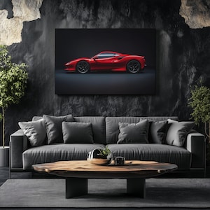 May include: A red sports car is parked in a dark garage. The car has black wheels and a black interior. The car is in focus, while the garage is out of focus.