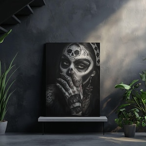 Day of the Dead Canvas - Sugar Skull Wall Art - Catrina Portrait Print - Dia de los Muertos Decor - Gothic Skull Artwork