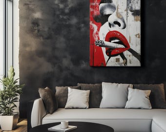 Smoking Woman Pop Art – Bold Red Lips Wall Art, Vintage Street Style Poster, Modern Minimalist Canvas